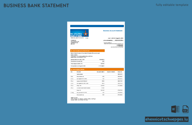 Beispielvorschau eines Kontoauszugs eines Firmengirokontos der Bank of India (Word und PDF)